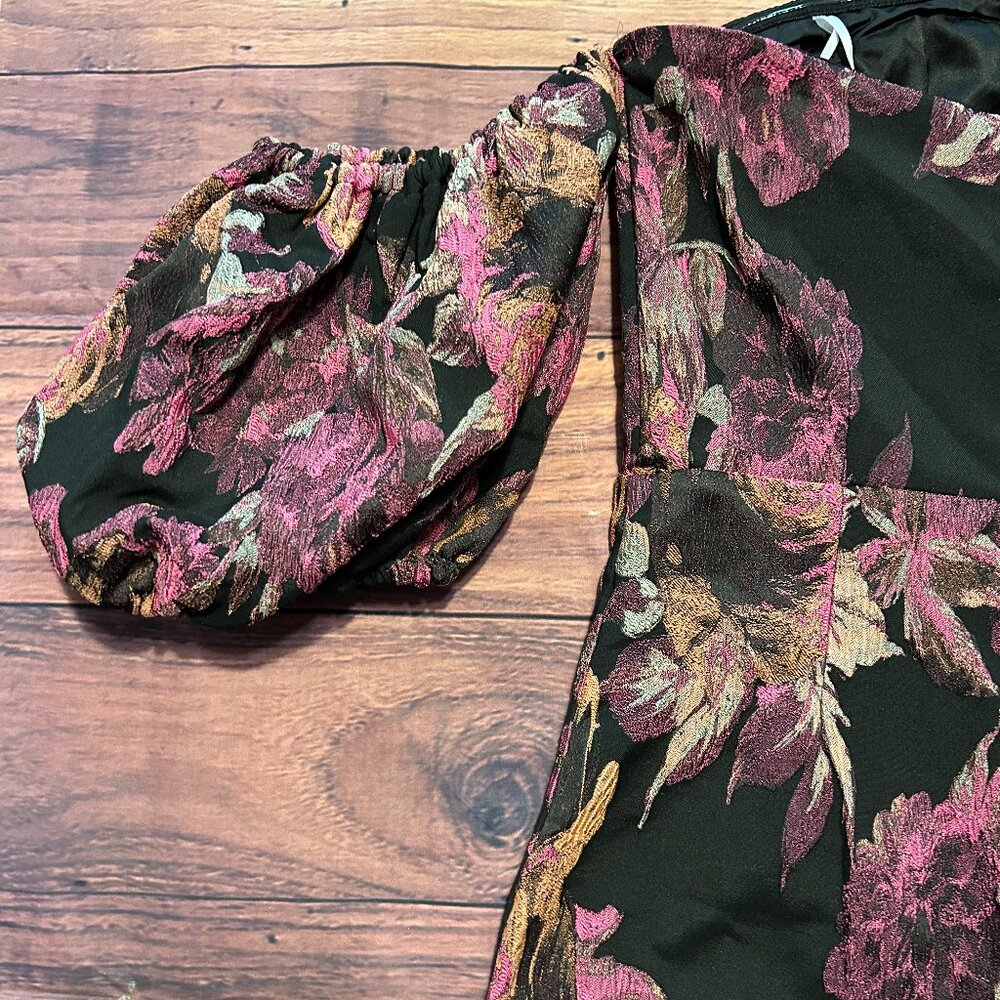 Lulus Off-the-Shoulder Floral Brocade Mini Dress - Black & Pink - Size S - Picture 13 of 16